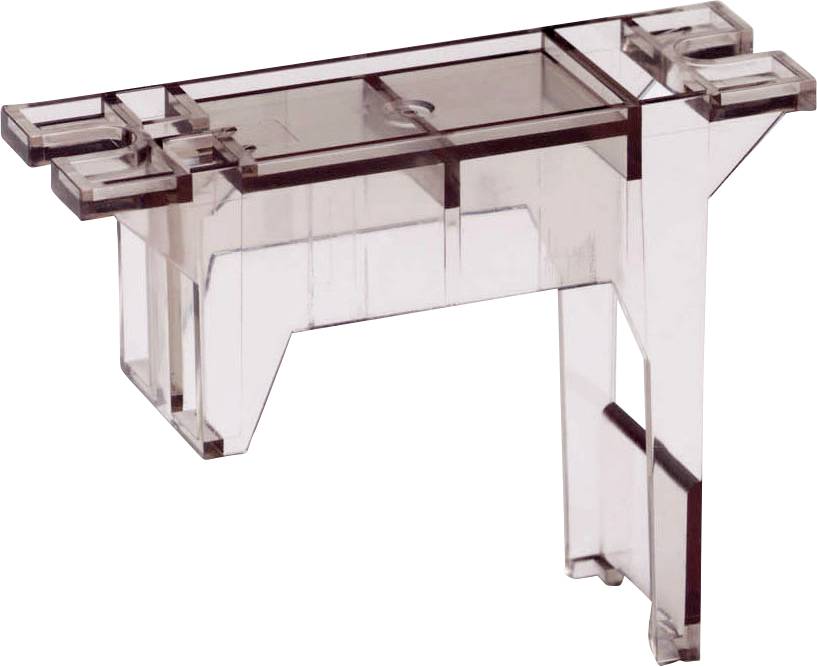 Transparente, rechteckige Kunststoffhalterung mit zwei Standbeinen. Dient zur Stabilisierung oder als Stützstruktur in mechanischen Anwendungen.