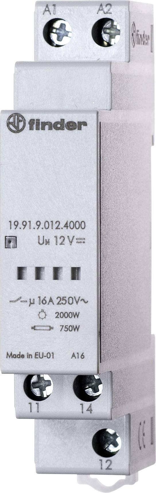 Ein Relais mit Schraubanschlüssen, Spannung 12V, Stromstärke 16A, Modellnummer 19.91.9.012.4000, Marke Finder.
