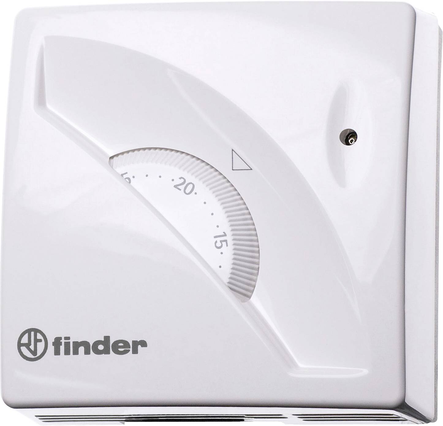 Weißes Wandthermostat mit Drehregler zur Einstellung der Temperatur von 5 bis 30 Grad Celsius, Marke 'Finder'.