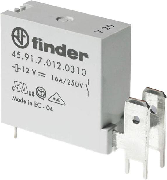 Rechteckiges Relais mit Aufschrift 'Finder 45.91.7.012.0310', 12V, 16A/250V, Made in EC. Silberne metallische Anschlüsse sind sichtbar.