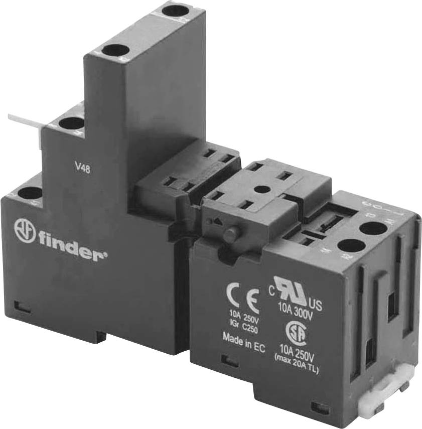 Industrieschütz mit CE- und UL-Zeichen, geeignet für 10A, 250V. Markierungen: 'Made in EC', 'finder'. Einsetzbar in elektrischen Schaltungen.