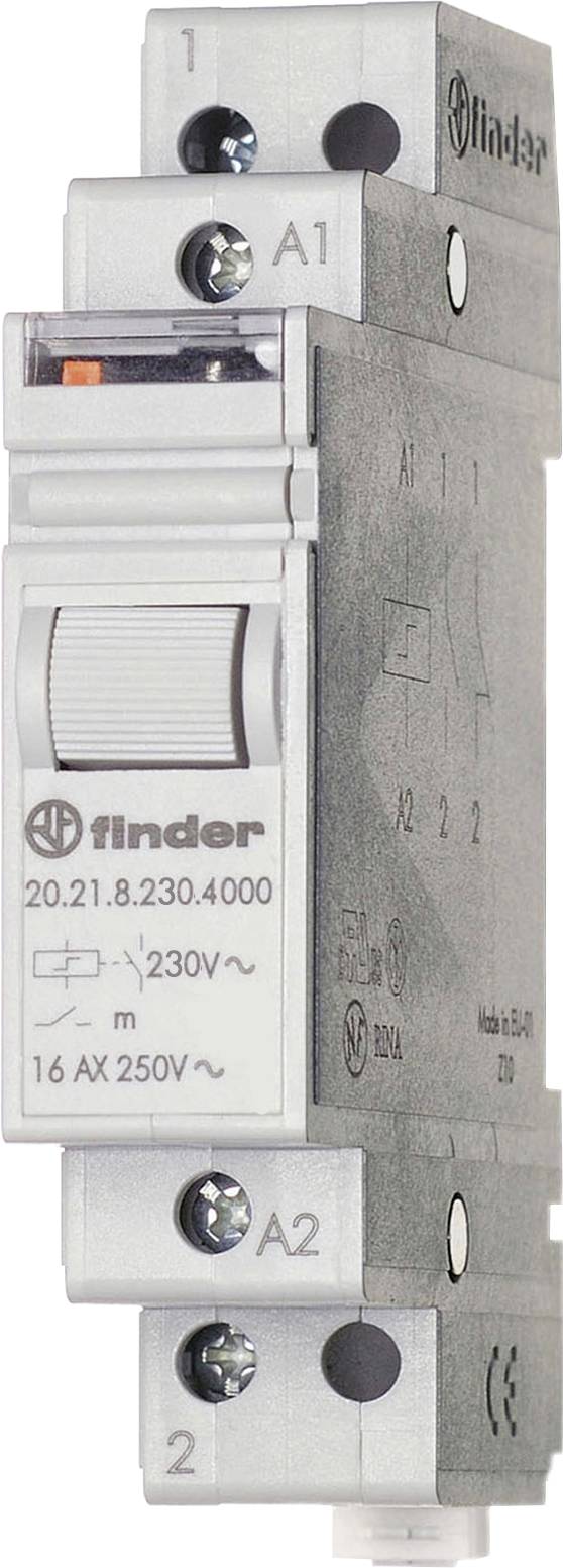 Ein elektromechanisches Relais von Finder, universell montierbar, geeignet für 16 A bei 250 V, auf DIN-Schiene montiert.