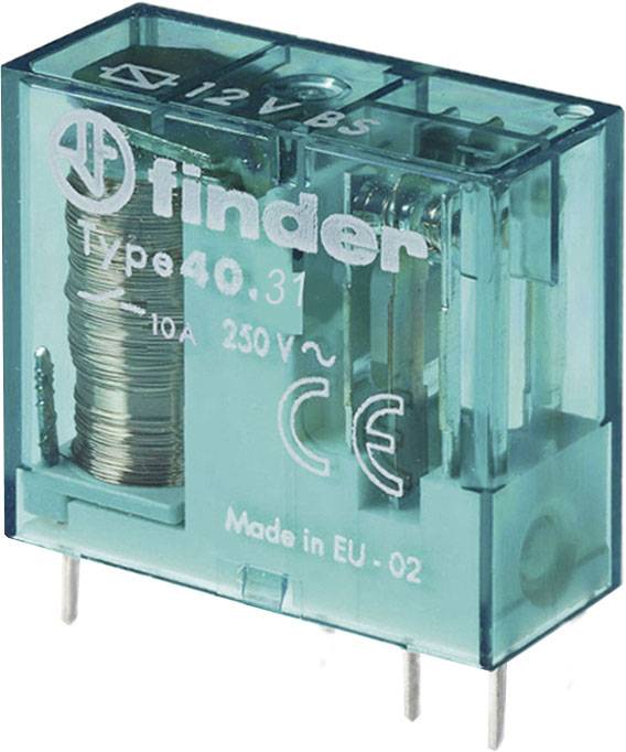 Relais in transparentem Gehäuse mit Aufschrift 'Type 40.31', '10A 250V~', 'Made in EU' und CE-Kennzeichnung.