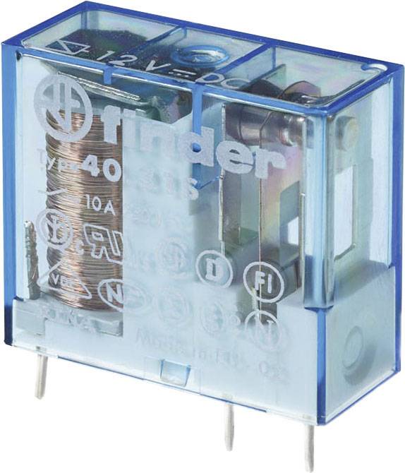 Ein blauer Relais von Finder, 12V DC, mit einer Spule und vier Anschlussstiften, Typ 40.31.5, für elektrische Schaltungen.
