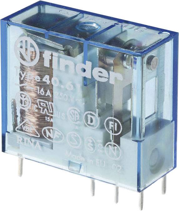 Transparente elektrische Relaisbox mit blauer Hülle, zeigt erkennbar Spulen und interne Komponenten. Text: '16A 250V'.