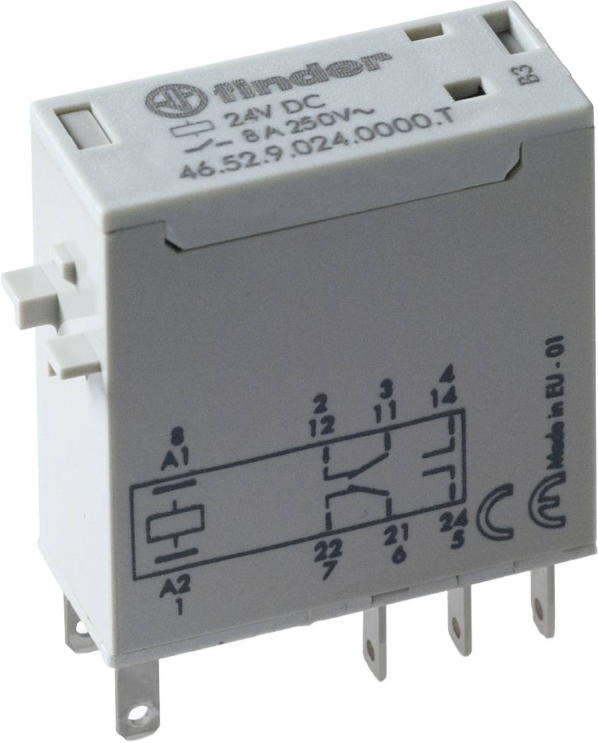 Weißes Elektromechanisches Relais von Finder, 24V DC, 8A/250V~, Modellnummer 46.52.9.024.0000.T, mit sechs Anschlussklemmen.