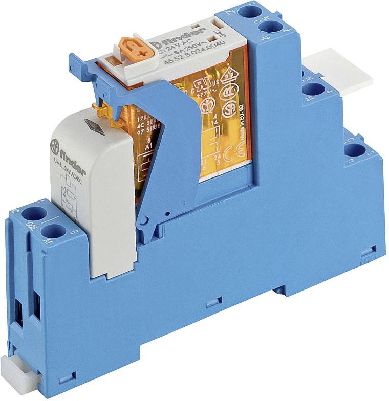 Blaues Relaismodul mit orangener Komponente, Modellnummer und elektrischen Spezifikationen aufgedruckt; industrielles Steuerungsgerät.