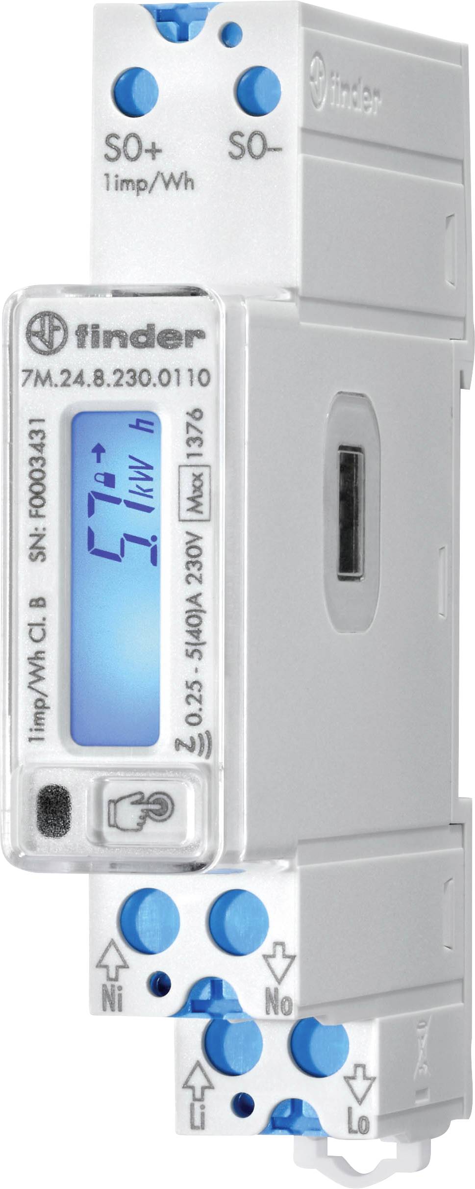 Energiezähler der Marke Finder mit digitalem Display, zeigt 57 kWh an. Anschlussklemmen oben und unten, mit blauen Bedienelementen.