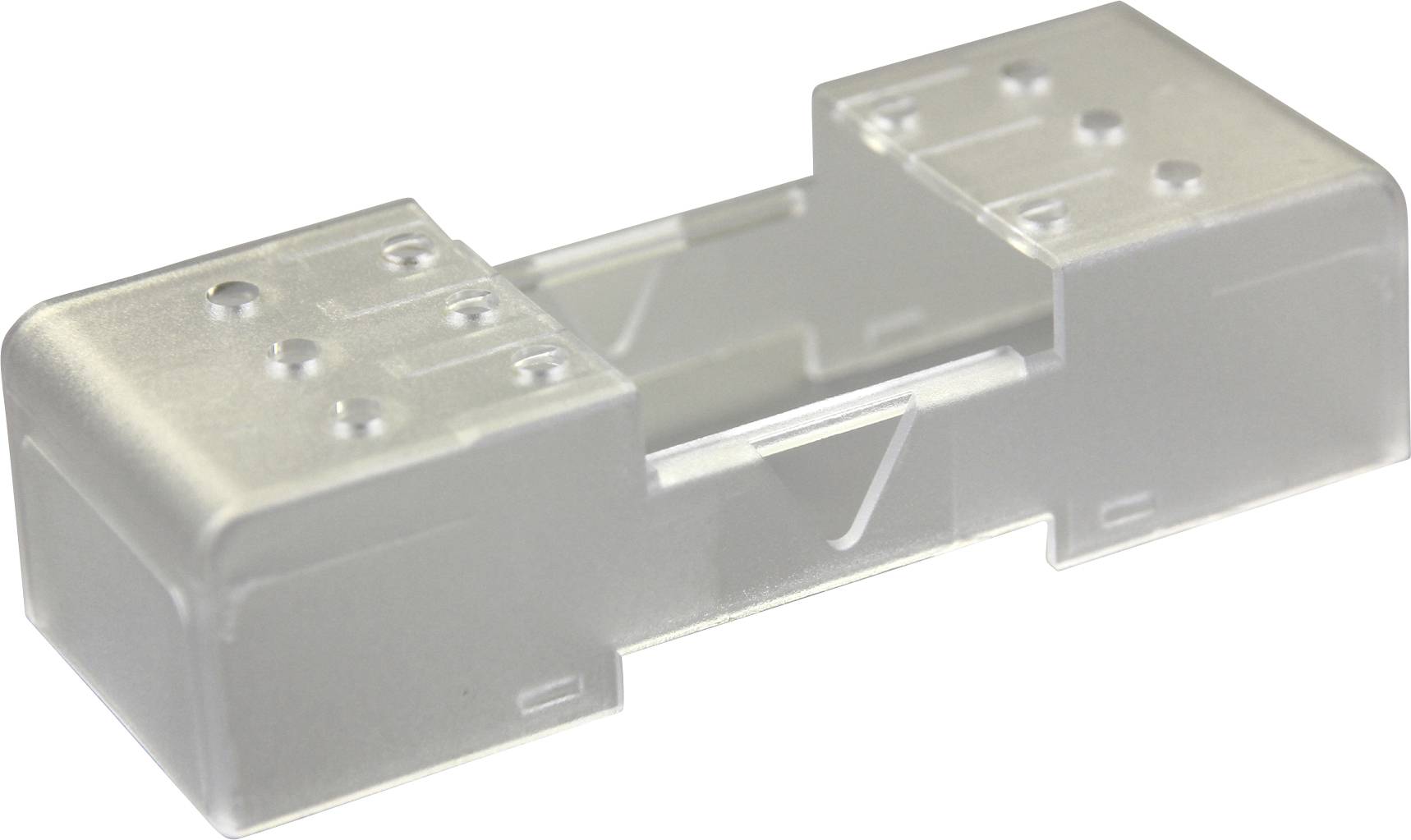 Kunststoff-Connector für elektrische Verbindungen mit durchsichtigem Gehäuse, enthält Platz für mehrere Kabelverbindungen.