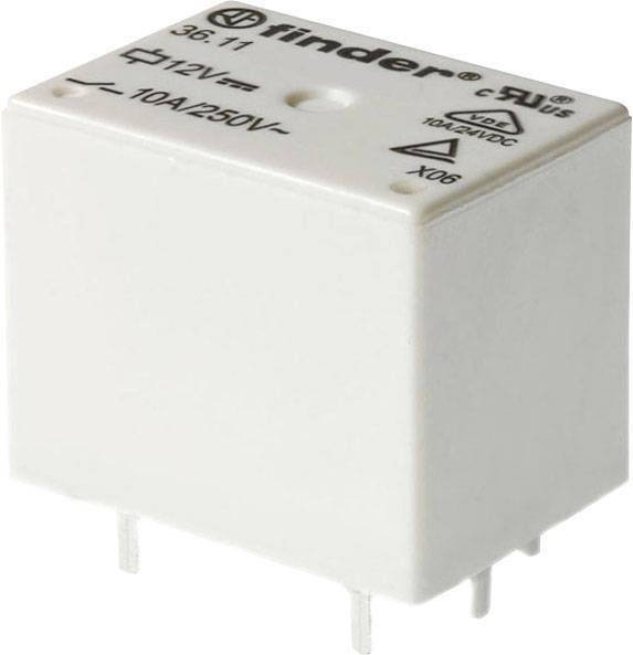 Ein weißes Finder-Relais mit 12V und 10A/250V Spezifikationen, zeigt technische Daten auf der Oberseite, hat drei Metallstifte für elektrische Verbindungen.