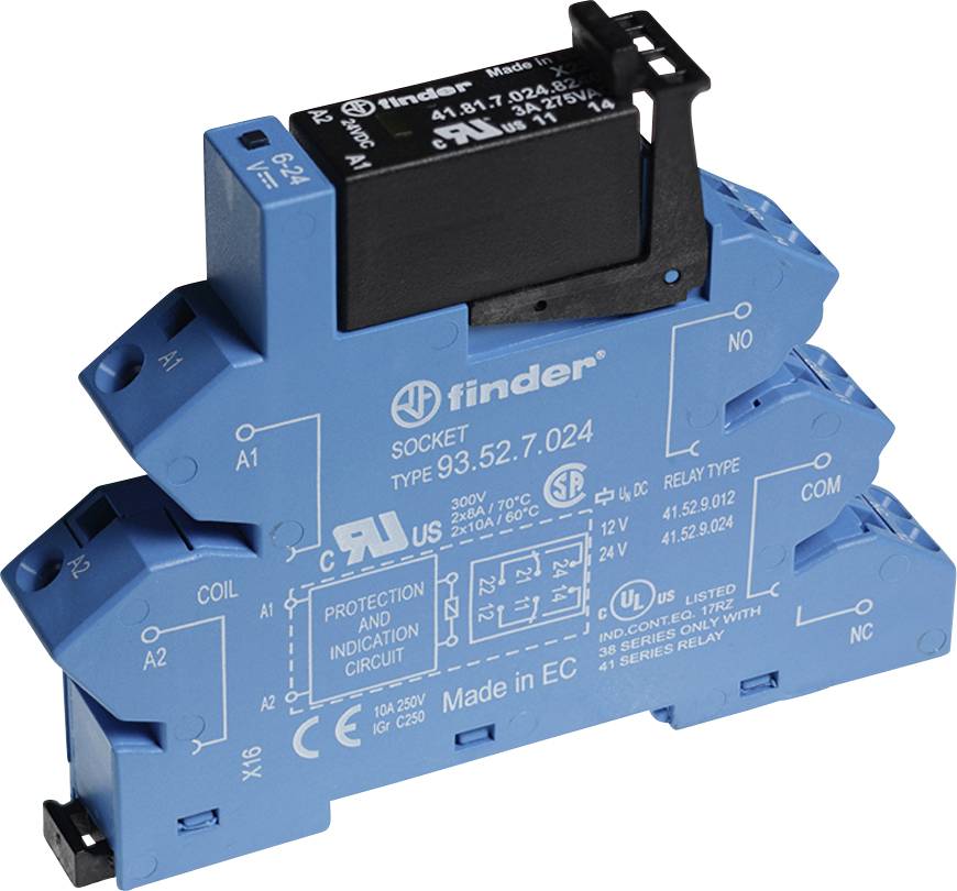 Blauer elektrischer Sockeltyp 93.52.7.024 von Finder mit technischer Beschriftung und Symbolen für verschiedene elektrische Anschlüsse.