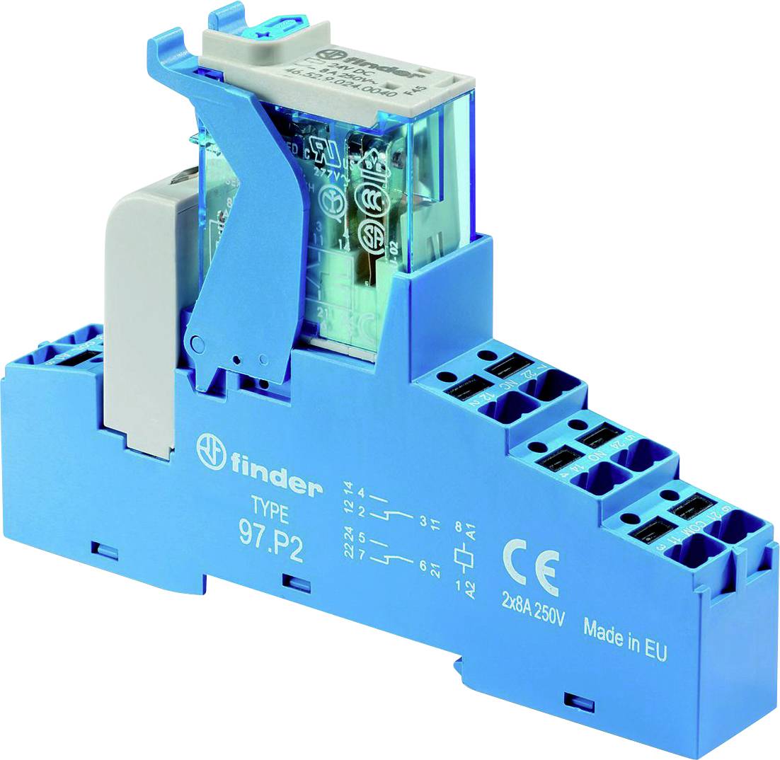 Blaues Relaismodul 'Finder 97.P2' mit transparenter Abdeckung, auf einer DIN-Schiene montiert, für elektrische Verbindungen.