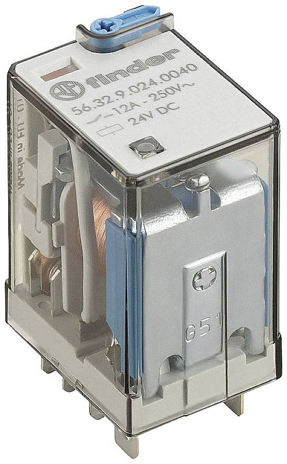 Ein transparentes Relais mit sichtbaren Spulen und Kontakten. Beschriftet mit 'Finder 56.32.9 024.0040 1A 250V~ 24VDC'.