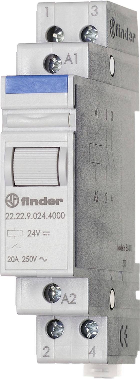 Elektrisches Relais mit Schraubklemmen. Beschriftung auf der Vorderseite: 'finder 20A 250V~ 22.22.9.024.4000'.