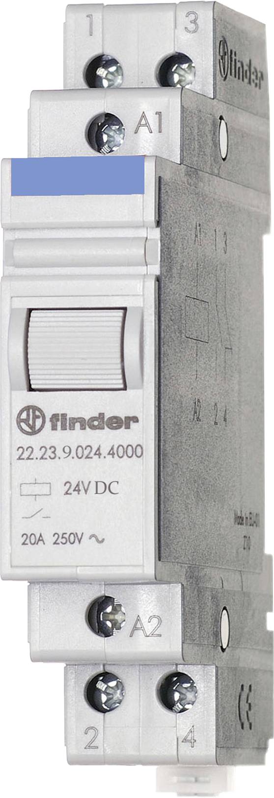 Ein 24 V DC Relais von Finder mit der Modellnummer 22.23.9.024.4000. Es hat eine Nennleistung von 20 A bei 250 V Wechselstrom.