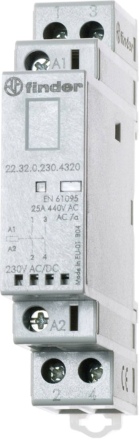 Relaismodul von Finder mit den Aufdrucken '22.32.0.230.4320' und 'EN 61810'. Es hat Anschlüsse für 230V AC/DC und ist für 25A ausgelegt.
