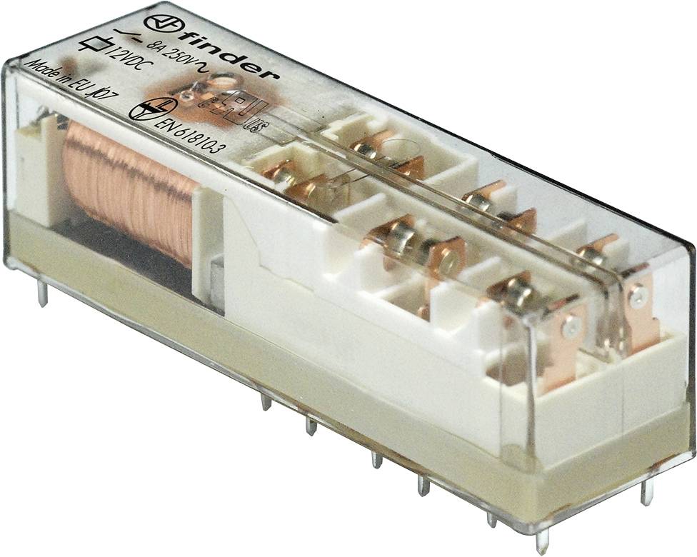 Ein Finder-Relais in einem durchsichtigen Gehäuse mit Kupferspule und mehreren Metallkontakten, verwendet für elektrische Schaltungen.