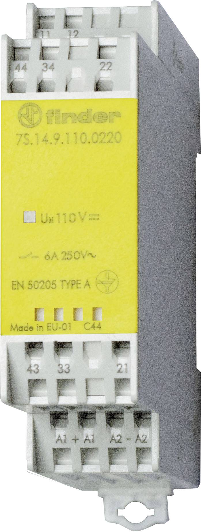 Ein gelbes Finder-Relais mit der Aufschrift '110V, 6A, 250V~'. Es hat mehrere Anschlüsse an der Ober- und Unterseite.