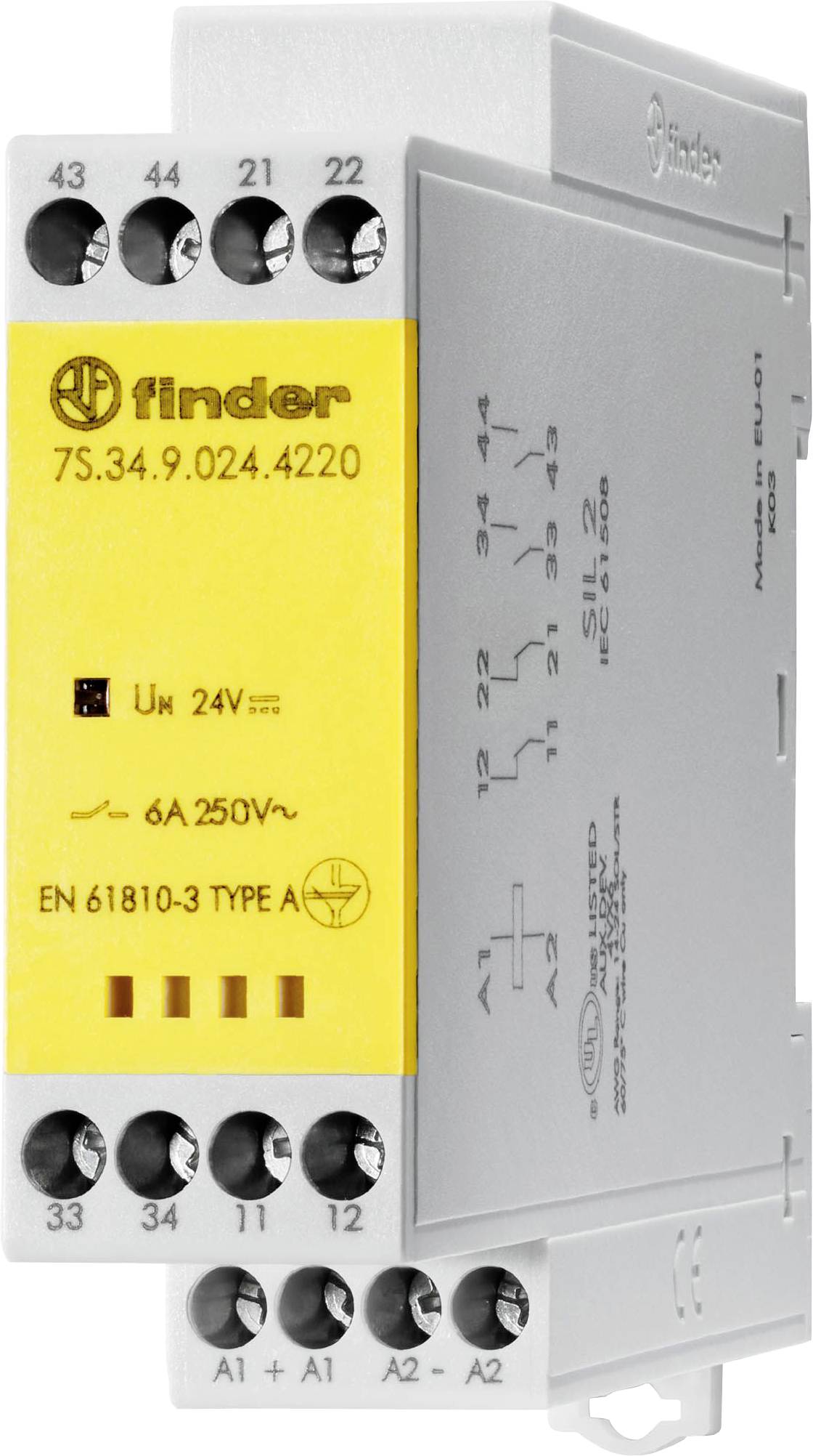 Elektrisches Relaismodul mit gelber Frontplatte und schwarzem Text 'Finder 7S.34.9.024.4220'. Verbindungen und technische Spezifikationen sichtbar.