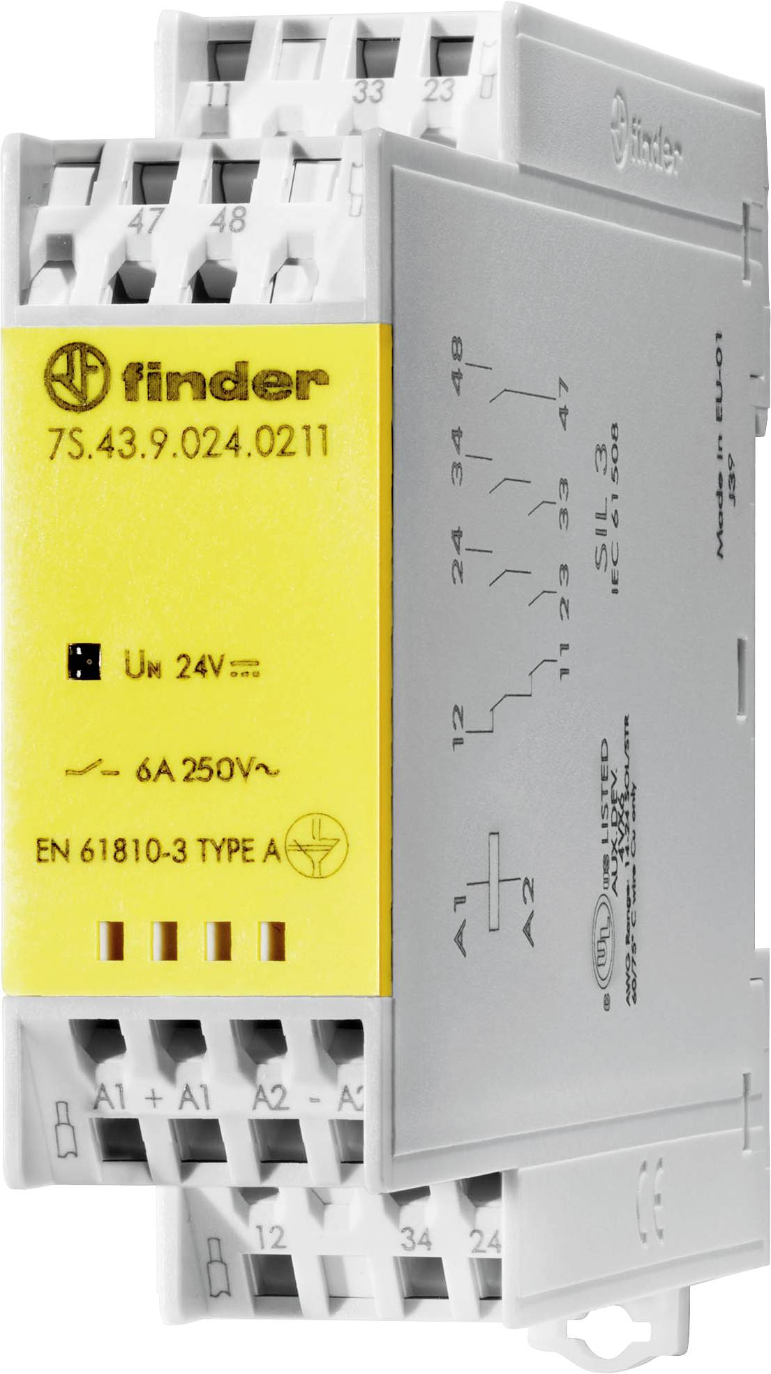 Ein Relais der Marke Finder mit Bedruckung '7S.43.9.024.0211', geeignet für 24V und 250V~ bei 6A, Typ A nach EN 61810-3.