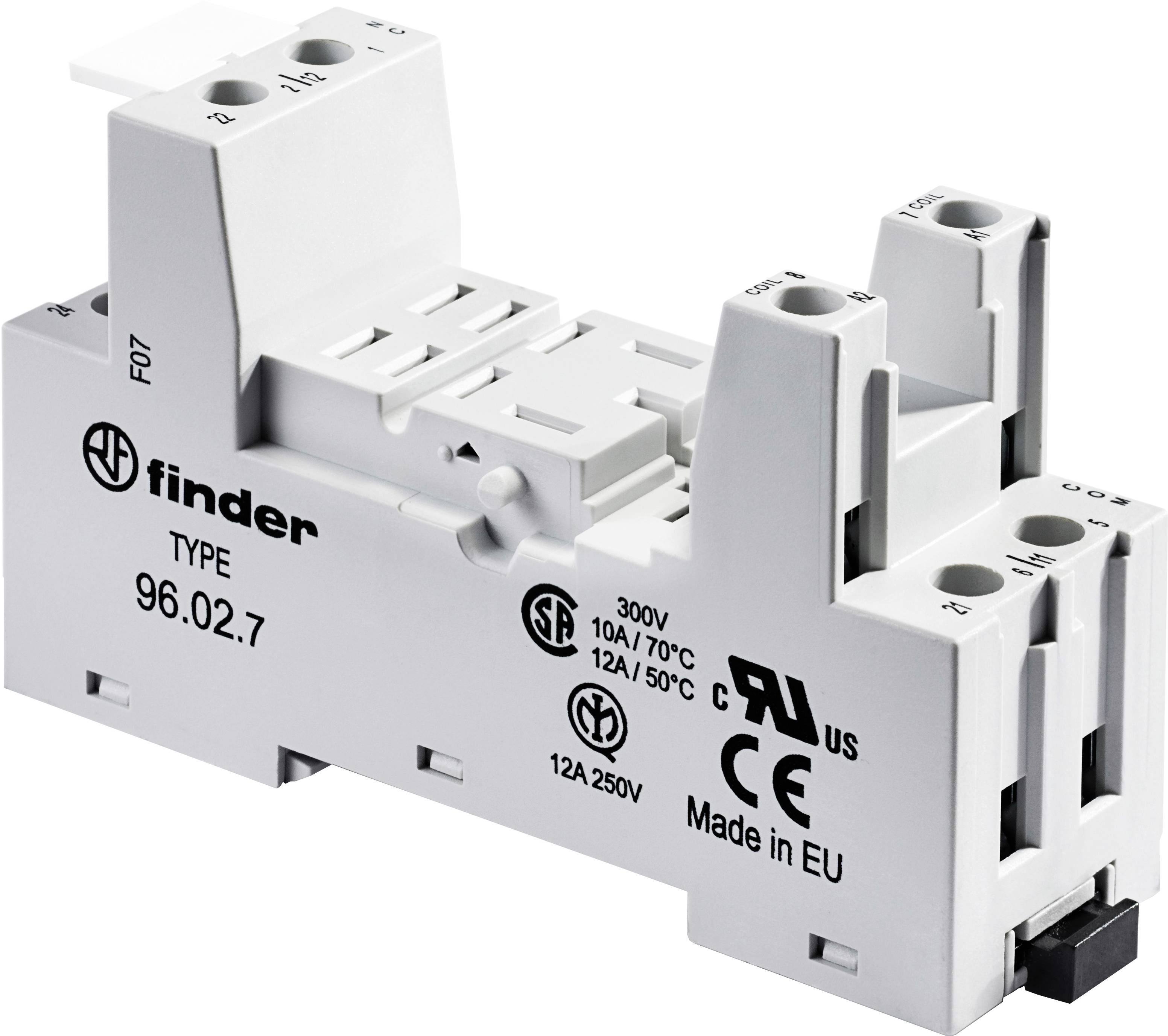Ein Finder Sockel Modell 96.02.7, geeignet für Relaismontage, zeigt technische Spezifikationen: 300V, 12A/70°C, CE-Kennzeichnung.