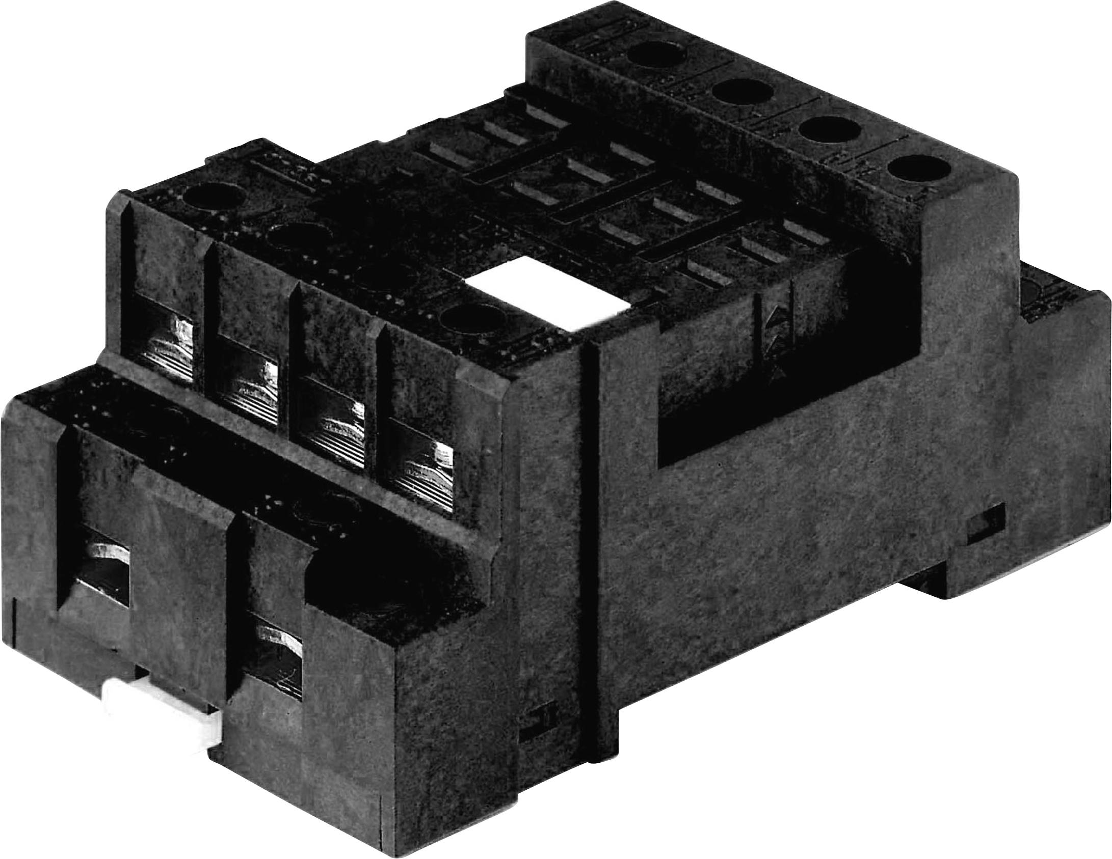 Schwarzes elektrisches Bauteil, vermutlich ein Sockel für Relais oder ähnliche Schaltgeräte. Enthält mehrere Anschlussklemmen.