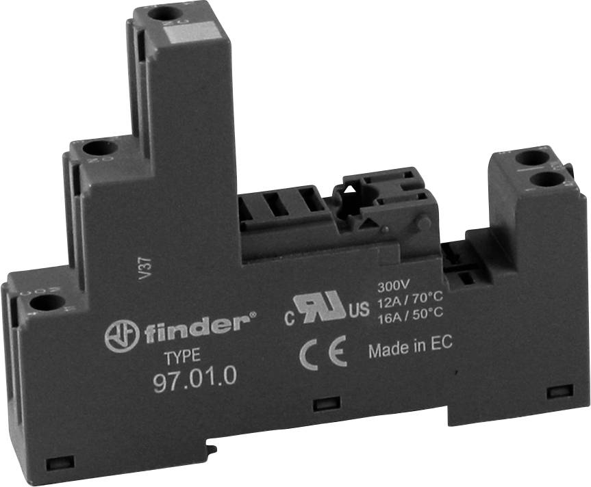 Industrielles Relaismodul mit der Aufschrift 'finder TYPE 97.01.0', zeigt elektrische Spezifikationen und Zertifizierungen.