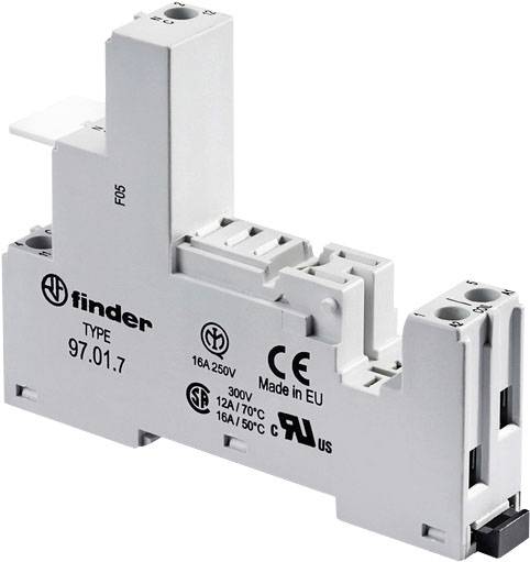 Relais-Block 'finder TYPE 97.01.7', 16A 250V, CE-zertifiziert, mit Aufschrift 'Made in EU', Anschlüsse und technische Symbole sichtbar.