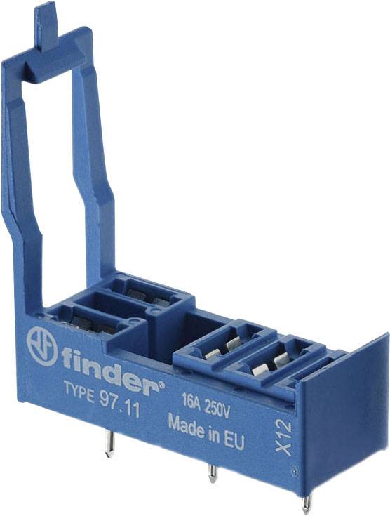 Blauer Steckadapter, Marke 'finder', Typ 97.11, 16A 250V, Hergestellt in der EU, mit Anschlussklemmen und PINs unten.