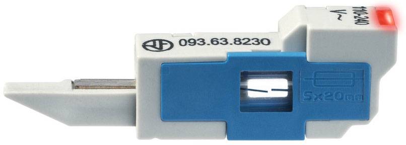 Ein blauer Sicherungsautomat mit Kunststoffgehäuse; weißem Schalter; Spannung '400/230 V'; Modellnummer '093.63.8230'.