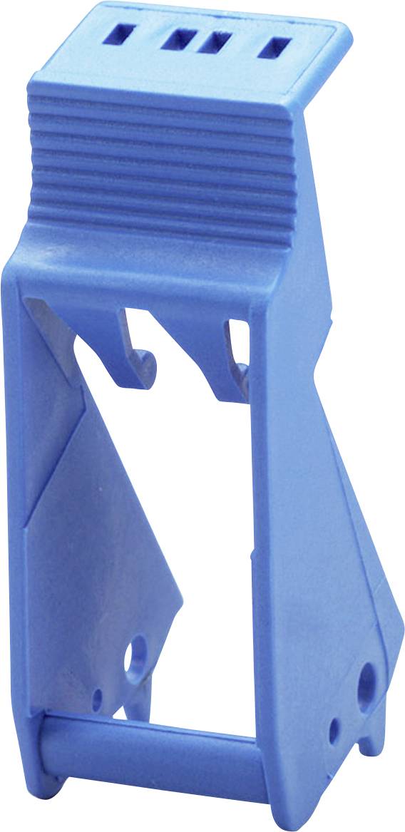 Blauer Kunststoffhalter mit gerippten Oberflächen, geeignet zur Befestigung oder Aufbewahrung von Gegenständen. Freistehend abgebildet.