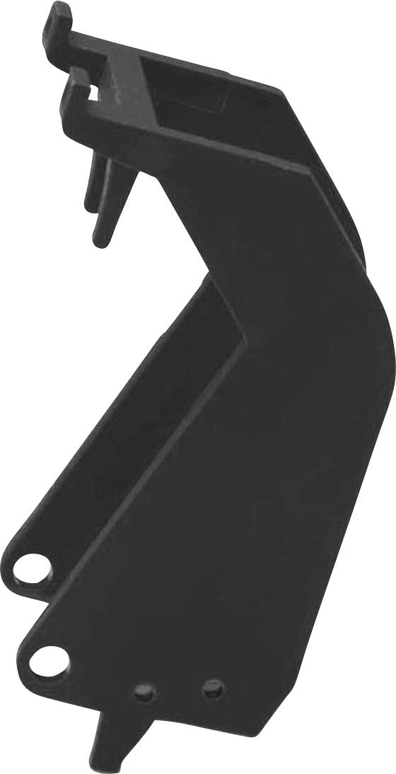 Ein schwarzes, robustes Kunststoffteil mit zwei Befestigungslöchern und einer gebogenen Form, möglicherweise Teil eines Gehäuses oder einer Halterung.