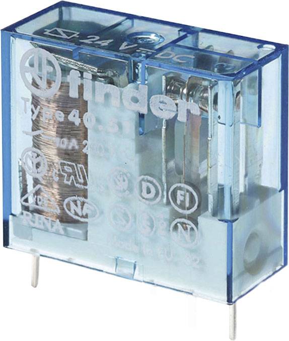 Ein blaues elektrisches Relais mit durchsichtiger Hülle, Aufdruck 'Finder Type 40.51', zeigt interne Schaltungen und Metallanschlüsse.