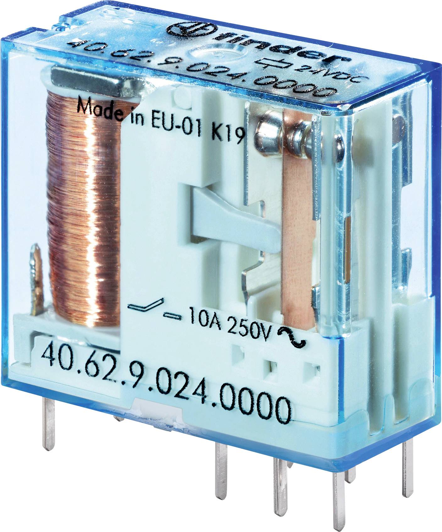 Ein blaues Relais mit Aufschrift '40.62.9.024.0000', zeigt Kupferspule und Schaltkontakte. Aufdruck: '10A 250V'.