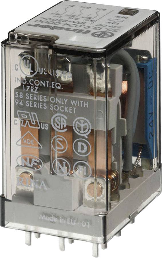 Ein transparenter, kubischer elektrischer Relaisbaustein mit Kontakten und Spulen für den Einsatz in Steuersystemen.