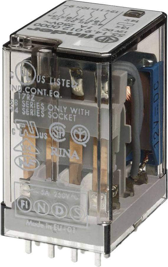 Ein transparentes Relais mit Kupferspulen, bedruckt mit technischen Informationen und Zertifizierungslogos, zeigt eine Seitenansicht.