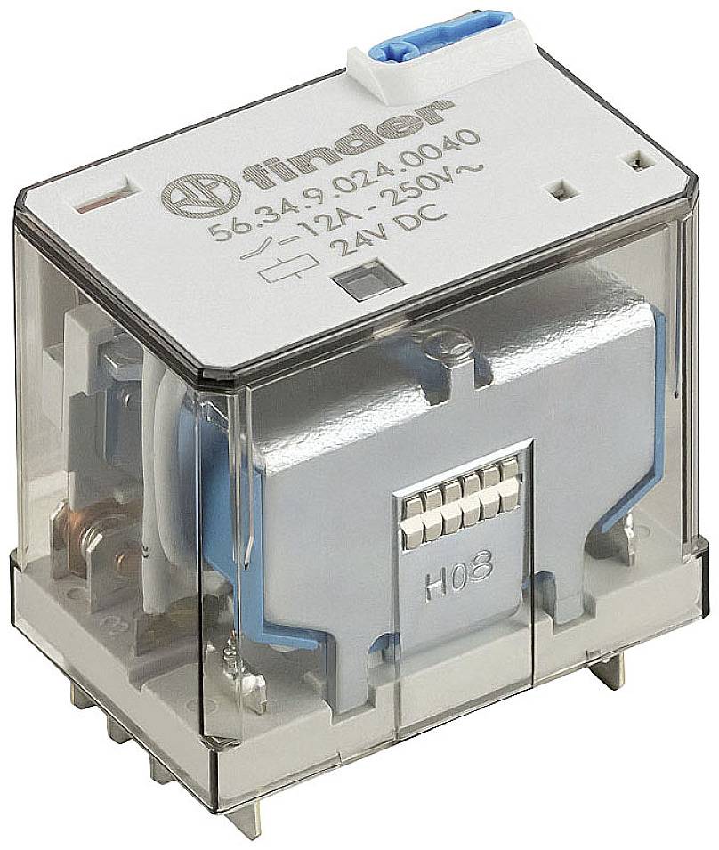 Ein weißes, transparents Relais mit der Aufschrift '24V DC', geeignet für elektrische Schaltungen; zeigt Anschlüsse und Schaltmechanismus.