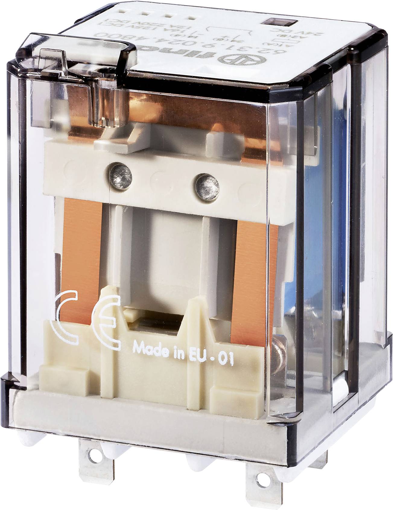 Ein transparentes Relaisgehäuse zeigt interne elektrische Komponenten mit dem Aufdruck 'Made in EU - 01'.