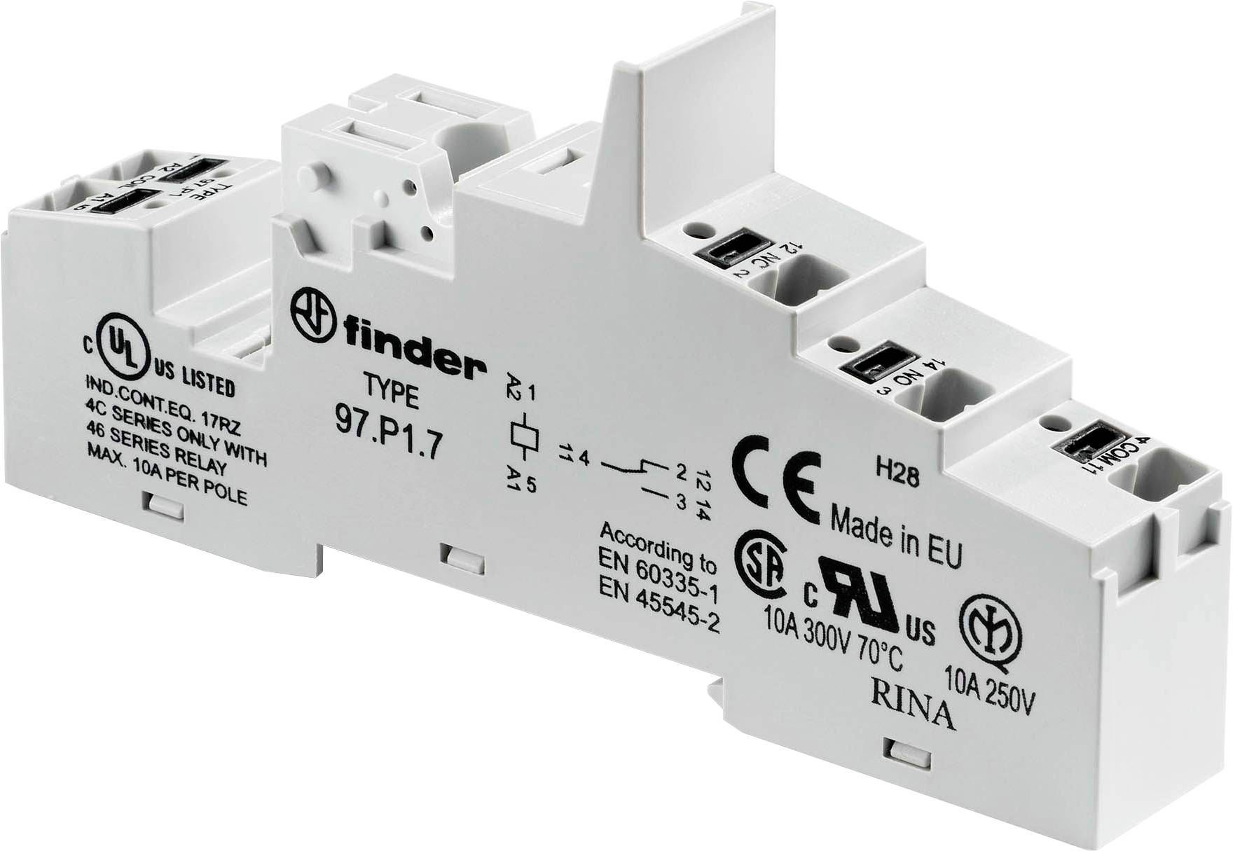 Ein elektrisches Relais-Modul der Marke Finder, Typ 97.P1.7, mit verschiedenen Zertifizierungen und Spezifikationen auf der Oberfläche.
