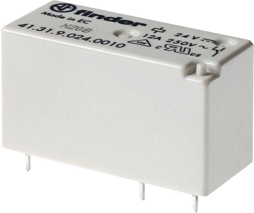 Rechteckiges elektromagnetisches Relais mit Beinchen, bedruckt mit Spezifikationen für Spannung 24V, Strom 12A und Spannung 250V.