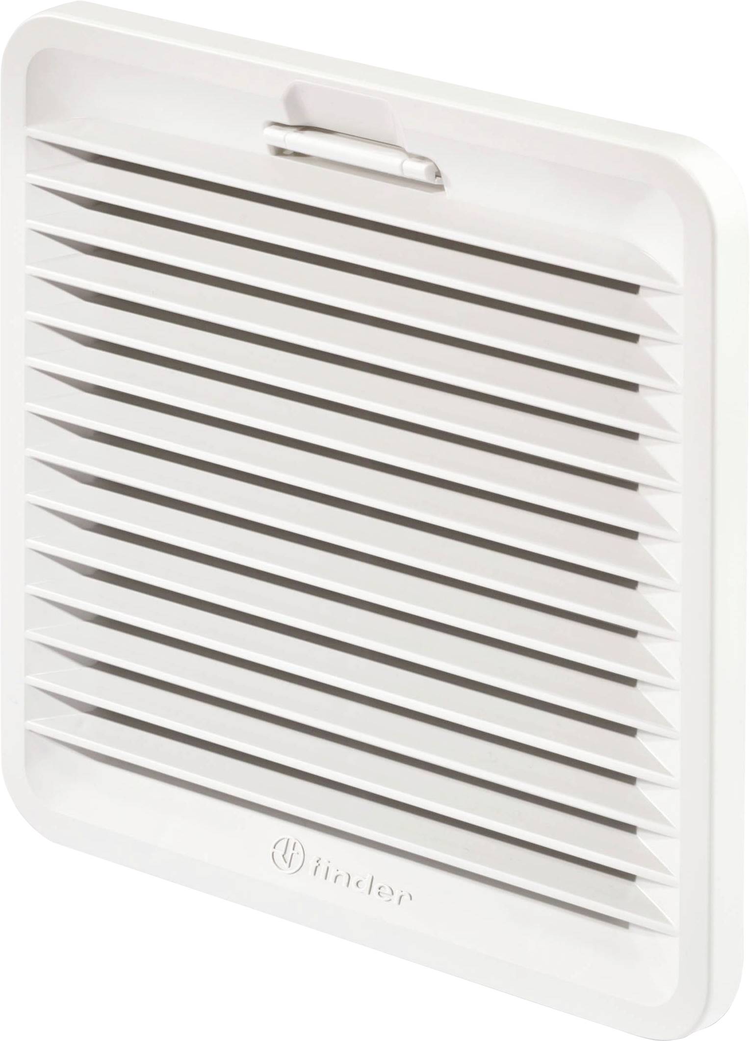 Weiße quadratische Ventilatorabdeckung mit horizontalen Lamellen und einem zentralen Clip an der Oberseite.