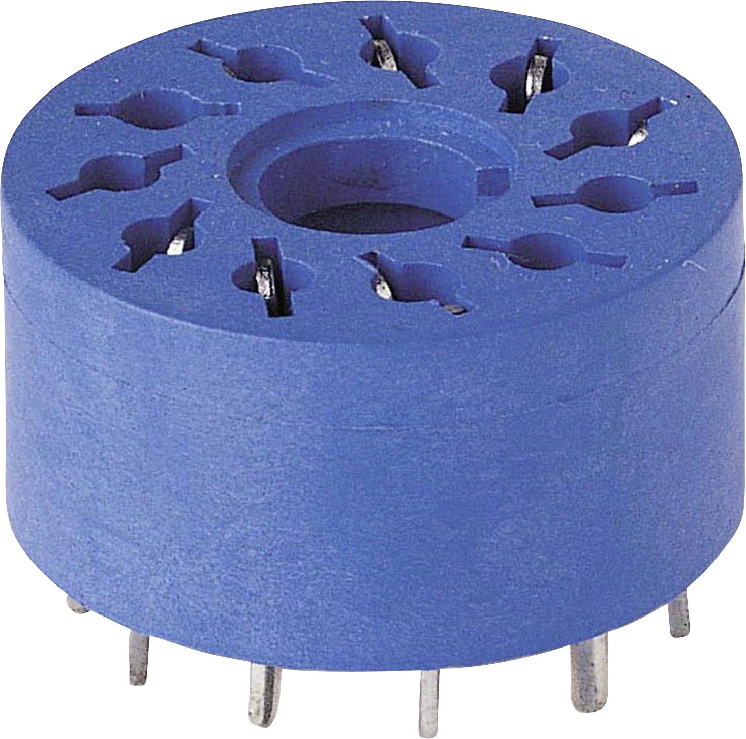 Blaues, rundes elektronisches Bauteil mit mehreren metallischen Steckverbindungen an der Unterseite.