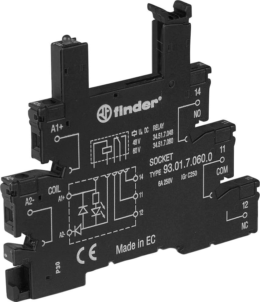 Elektrisches Relais, Typ 93.01.7.060.0 von Finder, zeigt Schaltplan und Spezifikationen: 6A, 250V, Spule 48V, mit CE-Kennzeichnung.