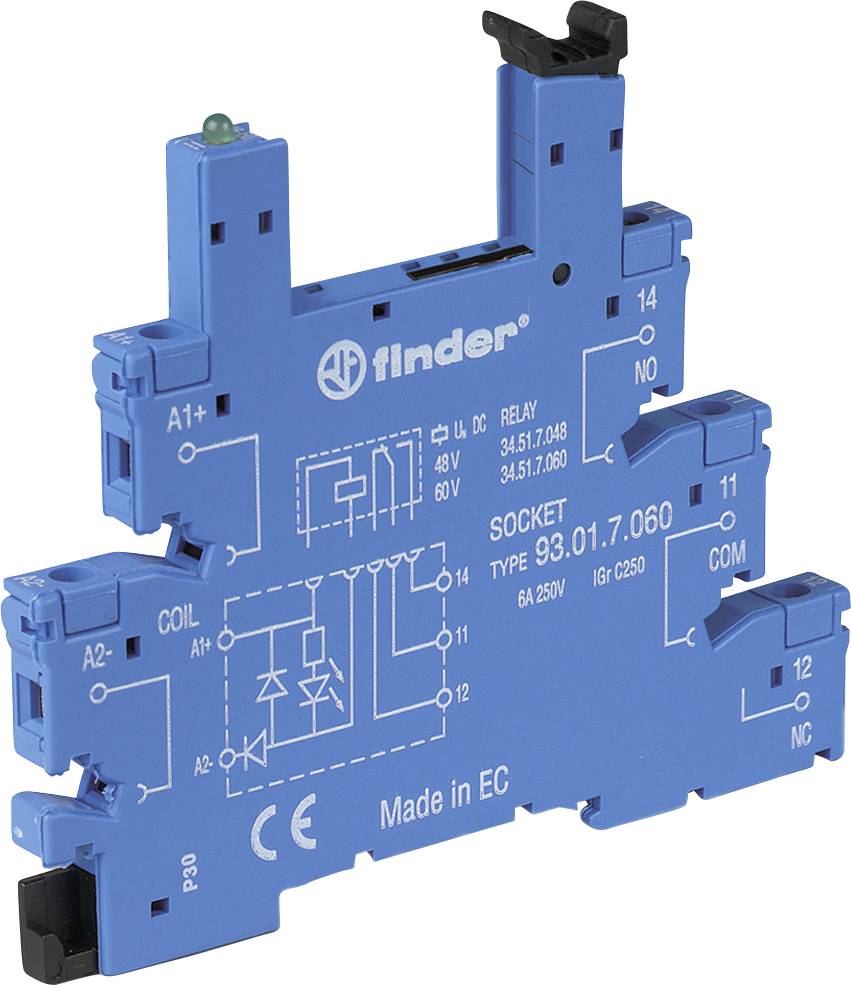 Blauer Elektronik-Sockel von Finder mit mehreren Anschlussklemmen und einer deutlichen weißen Beschriftung.
