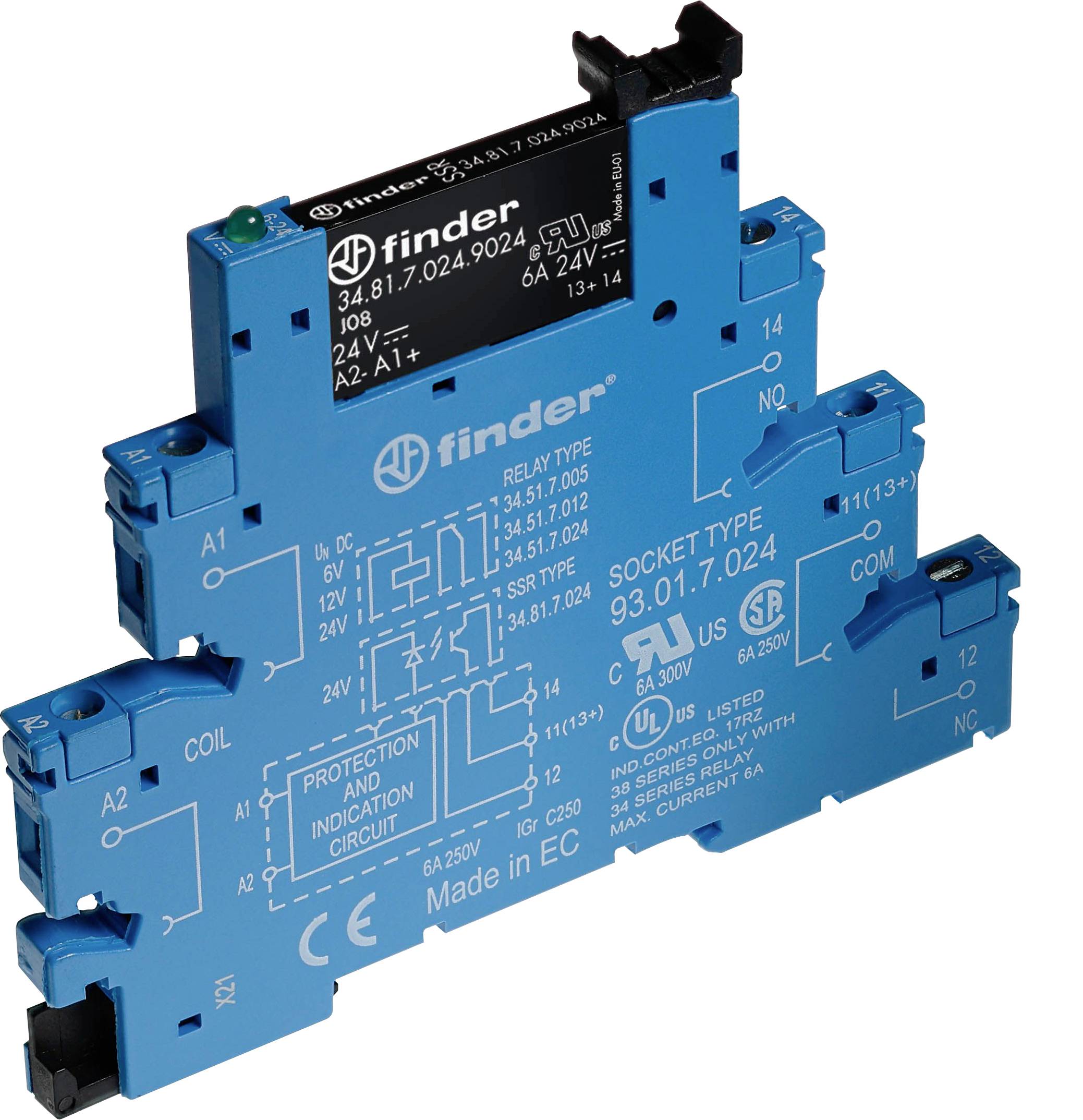 Ein blauer elektronischer Finder-Relais-Sockel mit technischen Spezifikationen und Schaltplänen aufgedruckt.