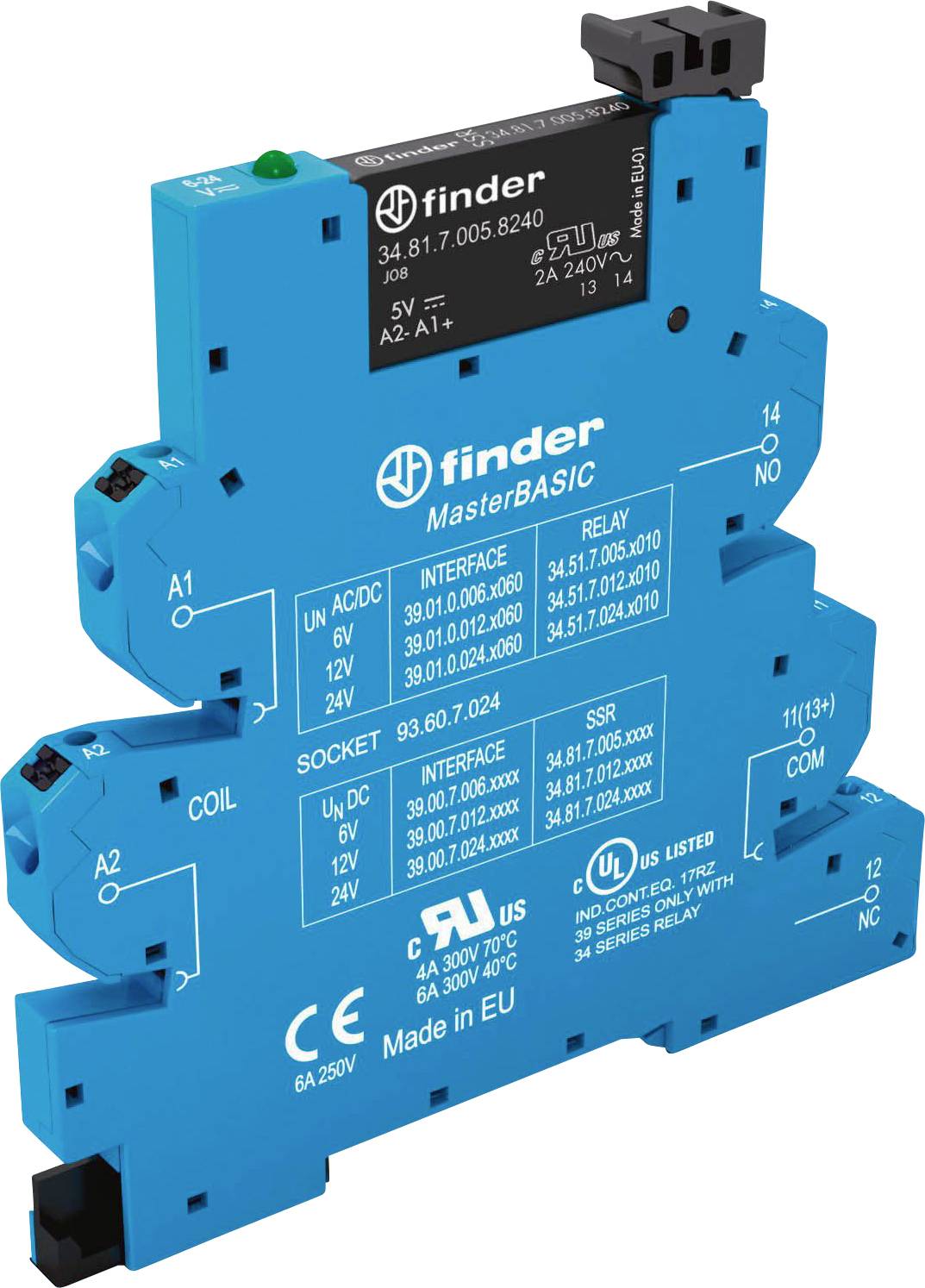 Ein blaues elektrisches Relaismodul der Marke Finder, Typ MasterBASIC, gekennzeichnet mit technischen Spezifikationen und Zertifizierungen.