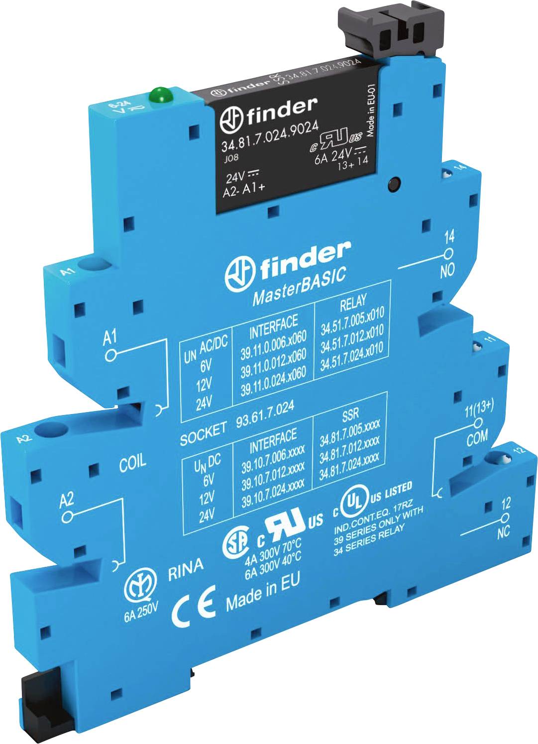 Blaues Relais-Modul von 'Finder', Modell 'MasterBASIC', 24V, mit technischen Details aufgedruckt, geeignet für industrielle Anwendungen.