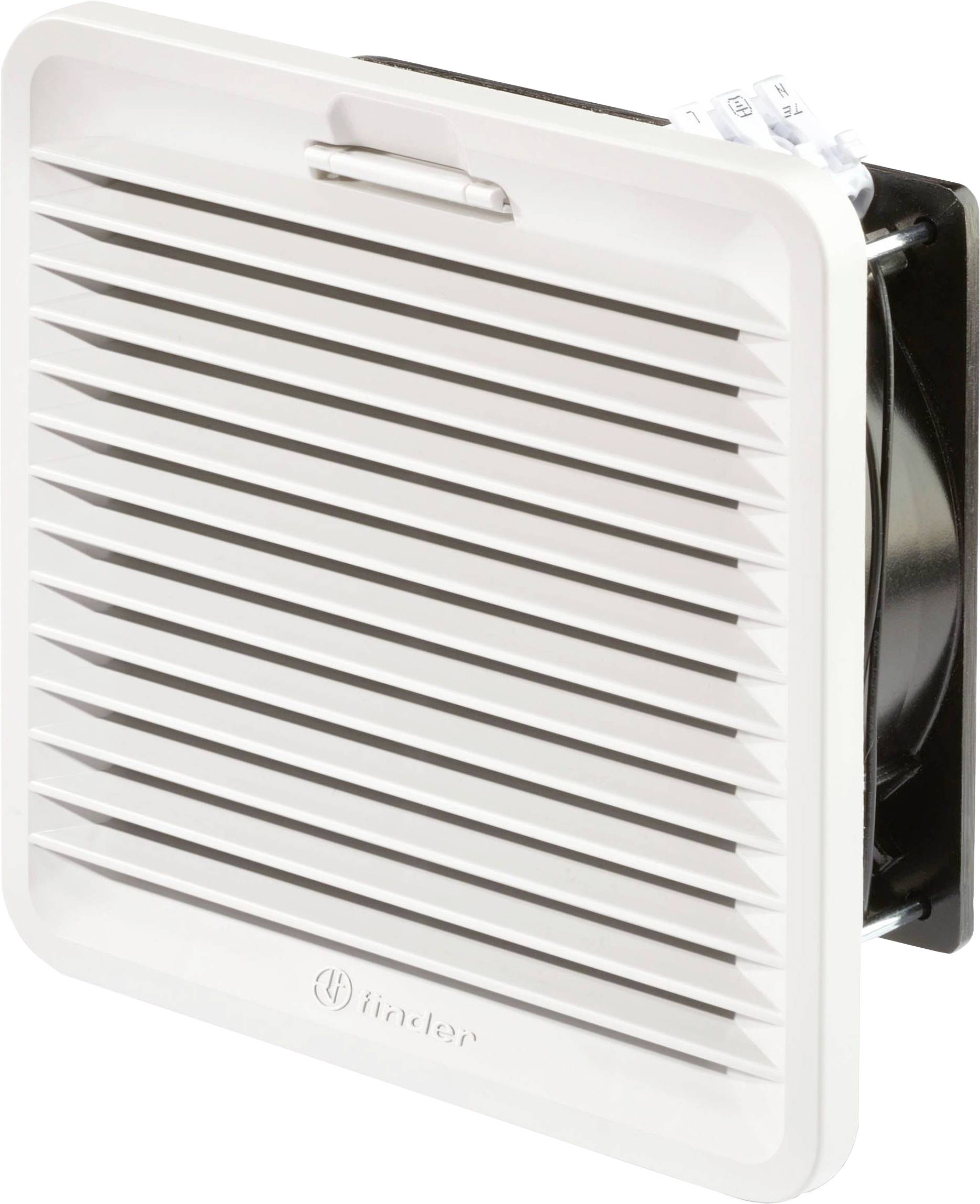 Eine weiße Belüftungseinheit mit horizontalen Lamellen, geeignet für industrielle Anwendungen, mit einem Ventilator im Hintergrund.