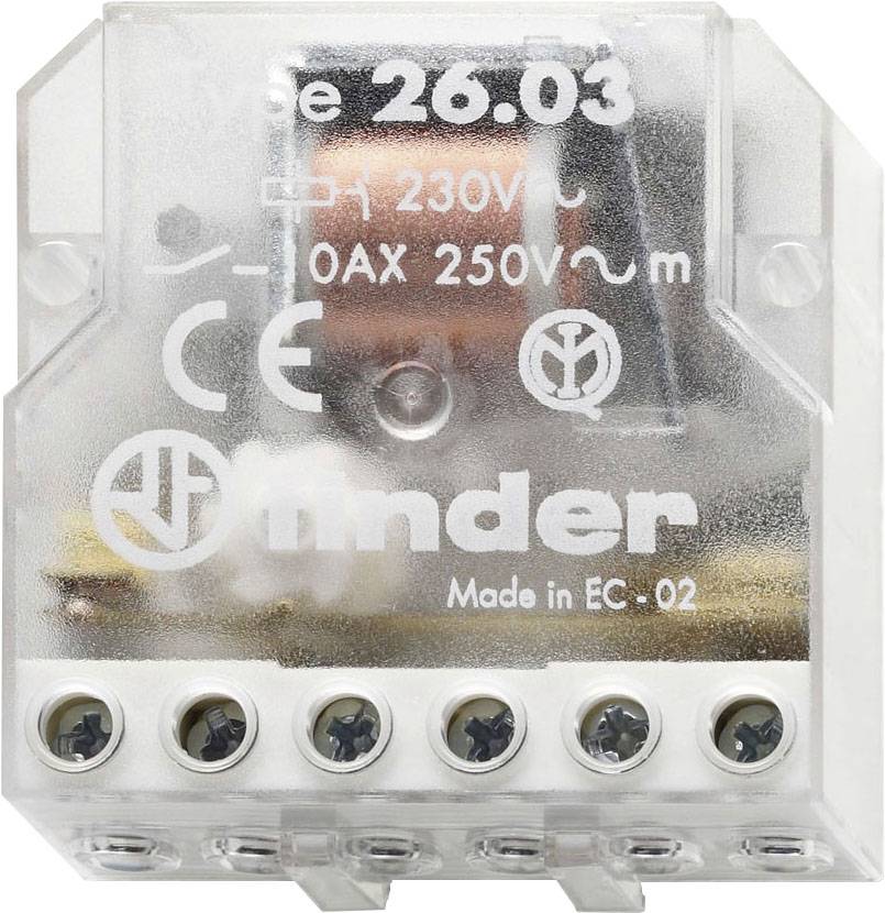 'Finder Relais 26.03, 230V AC, 250V 10AX' auf transparentem Gehäuse. Sechs Schraubklemmen an der Unterseite.