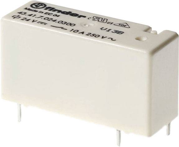 Relaisbauteil mit Aufschrift 'finder' und technischen Spezifikationen, wie Spannung von 24 V und Strom von 10 A bei 250 V.